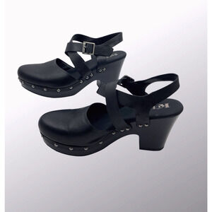 Korks Abloom Clogs Womens 9 Black Studded Wood Heel Platform Slingback Leather